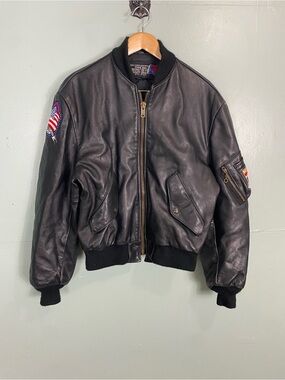 VTG Schott MA 1 1949 Black Leather Bomber Jacket Size 42 USA Patches Chicago